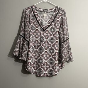 PerSeption Concept Floral Bell Sleeve  Dressy Blouse Pink Black Boho Romantic M